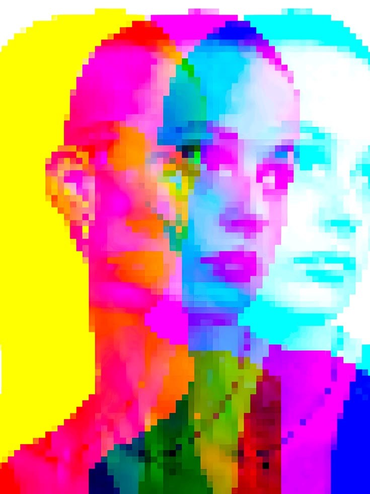 A pixelated portrait of one person’s head and shoulders, repeated three times in offset colour layers: yellow and orange on the left, magenta and blue in the middle, cyan and white on the right.