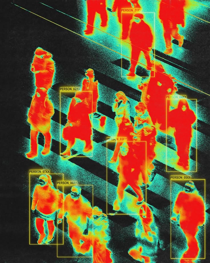 A thermal-style overhead view of people crossing a striped crosswalk. The people glow red and orange against black, the road stripes are cyan, and yellow boxes with labels like PERSON_01XY are drawn around them.